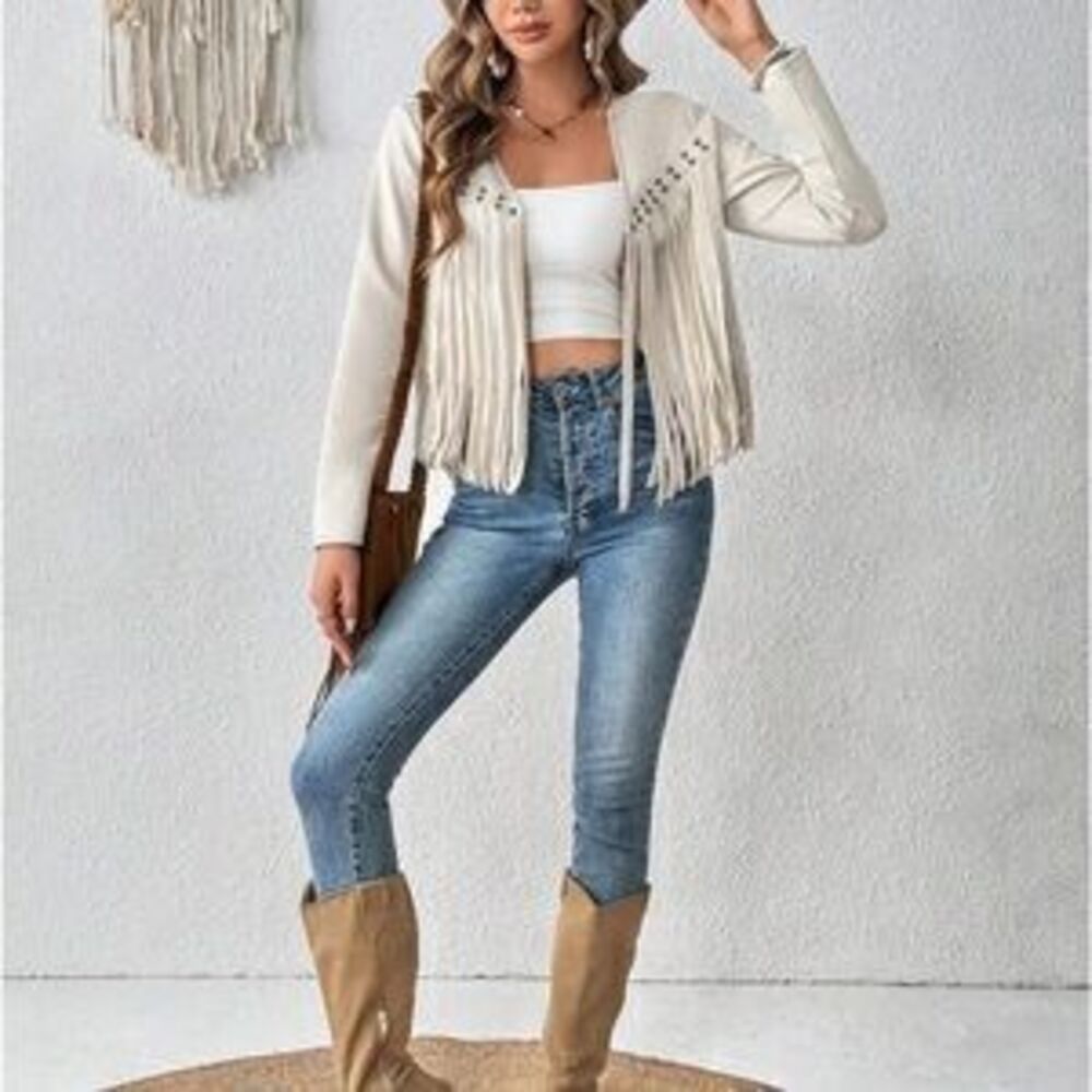 Cream Fringe Jacket suede boho studded - Picture 3 of 3